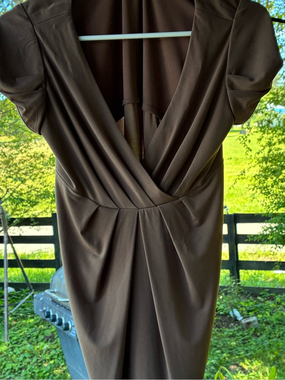 dressbarn Brown Faux-Wrap Midi Dress